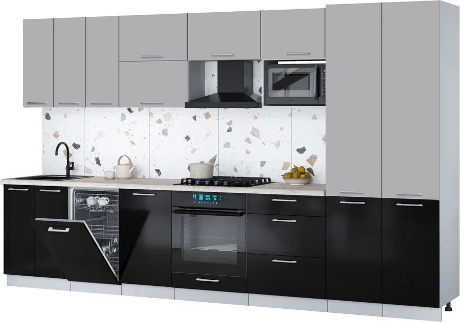 

Готовая кухня Интерлиния Мила Gloss 3.5-ПМ4 (черный глянец/грей/бискайская сосна)