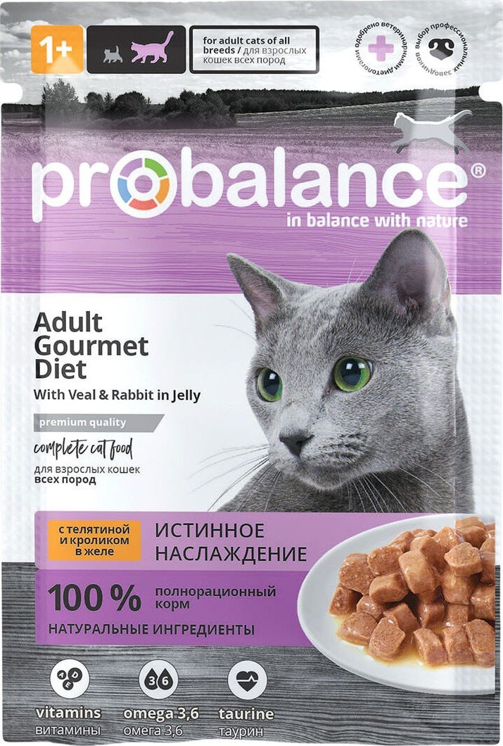 Консервированный корм для кошек Probalance Gourmet Diet Корм консервированный для кошек с телятиной и кроликом в желе 85 г