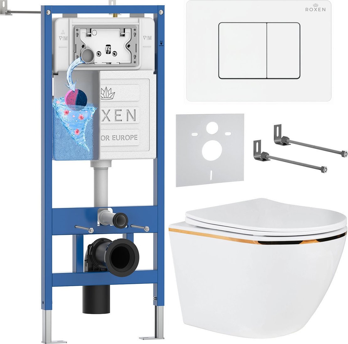 

Унитаз подвесной Roxen Antares Gold в комплекте с инсталляцией StounFix Dual Fresh 6 в 1 868646 (кнопка: брашированное золото матовая)