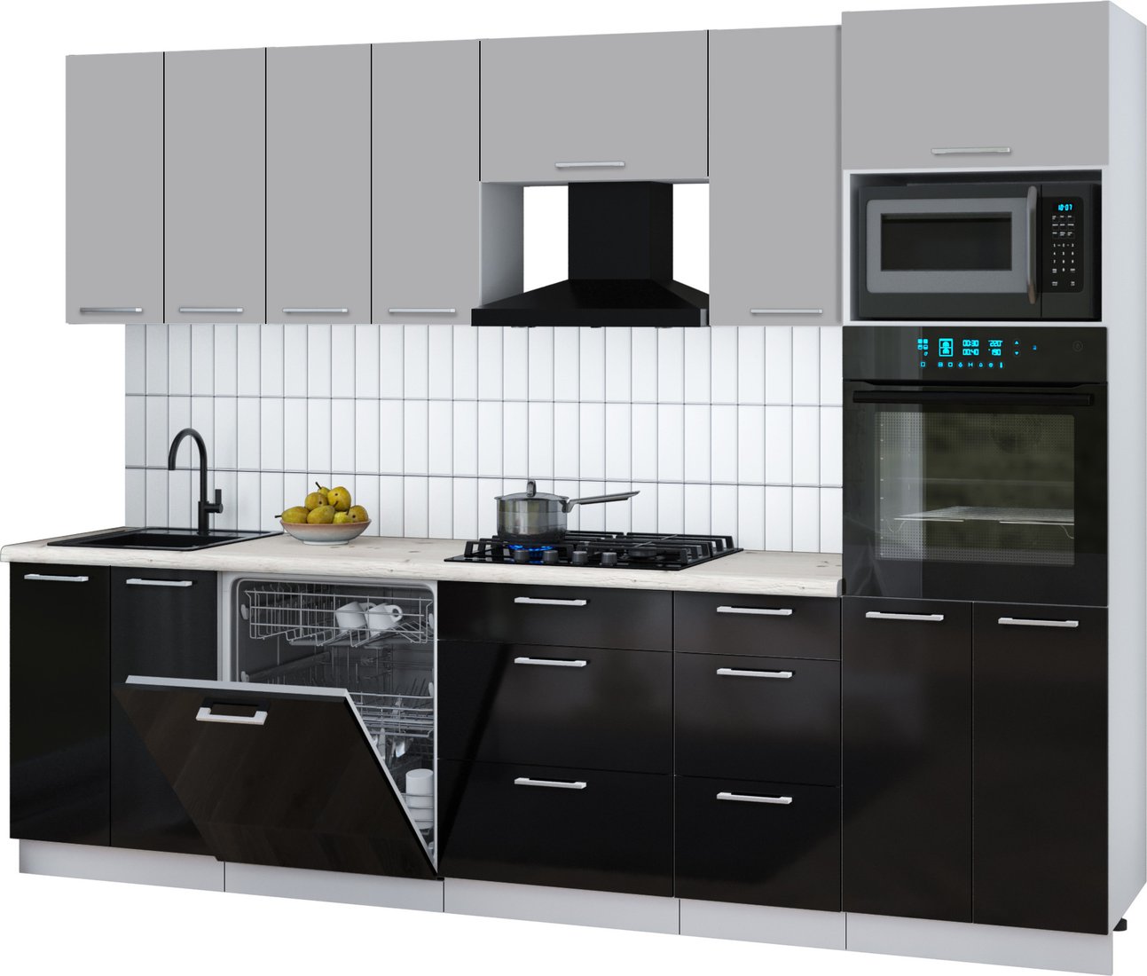 

Готовая кухня Интерлиния Мила Gloss 2.8-ПМ1 (черный глянец/грей/бискайская сосна)