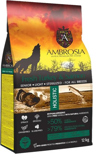 Сухой корм для собак Ambrosia Senior & Sterilized Fresh Turkey & Salmon (для всех пожилых пород, стерилизованных с индейкой и лососем) 12 кг