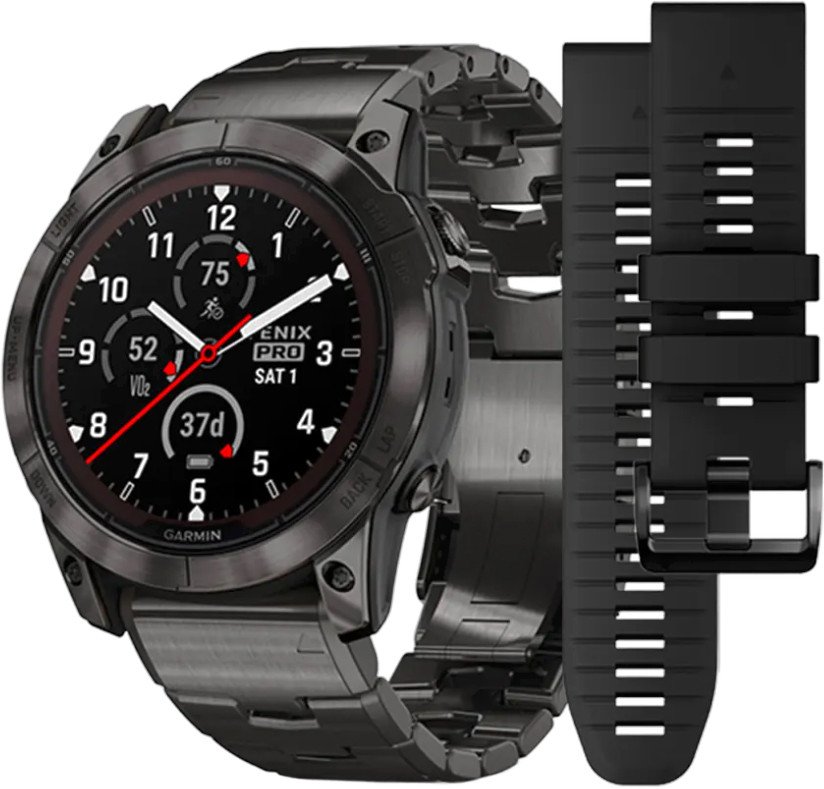 

Умные часы Garmin Fenix 7X Pro Sapphire Solar (карбоново-серый титан/черный, с титановым и силиконовым ремешками)