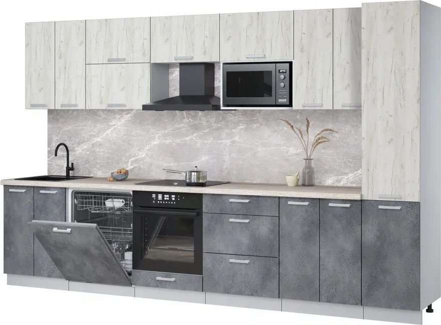 

Готовая кухня Интерлиния Мила Лайт 3.4-ПМ2 (дуб белый/бетон портленд/травертин)