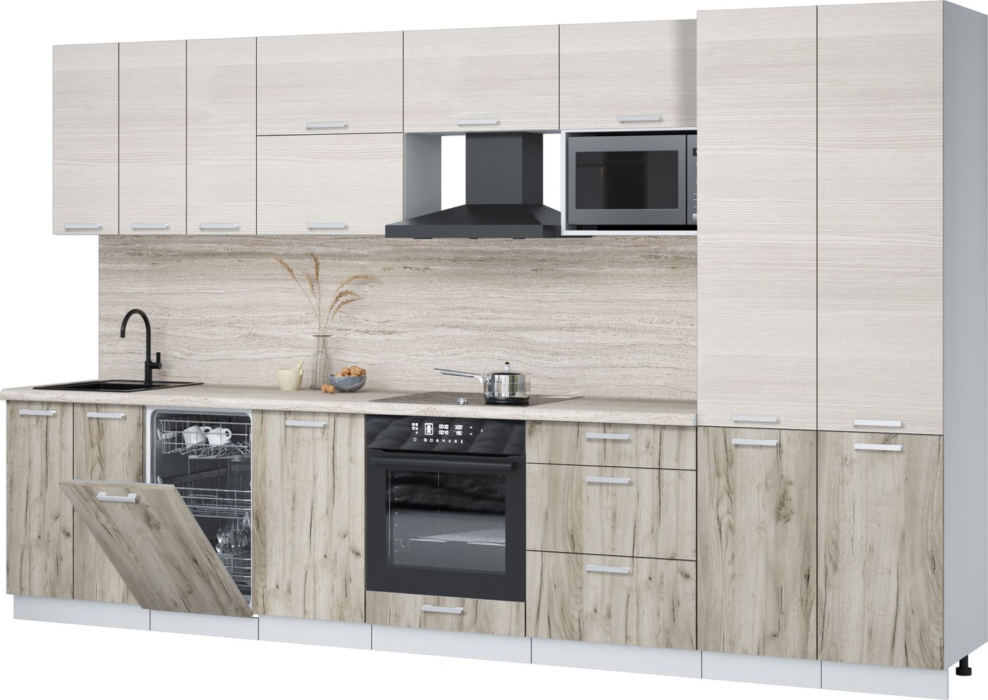 

Готовая кухня Интерлиния Мила Лайт 3.5-ПМ4 (вудлайн кремовый/дуб серый/травертин серый)