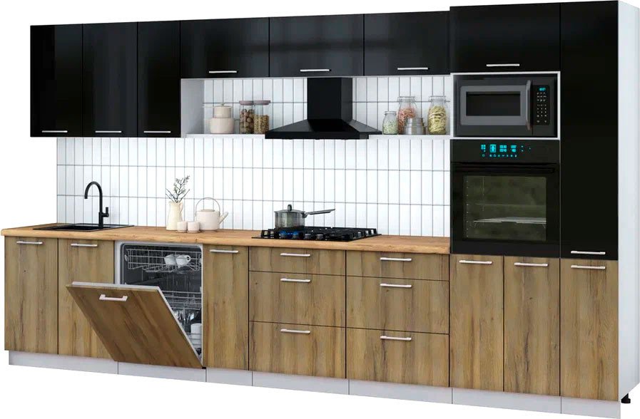 

Готовая кухня Интерлиния Мила Gloss 3.8-ПМ1 (дуб вотан/черный глянец/дуб бунратти)