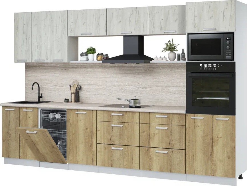 

Готовая кухня Интерлиния Мила Лайт 3.3-ПМ3 (дуб белый/дуб золотой/травертин серый)