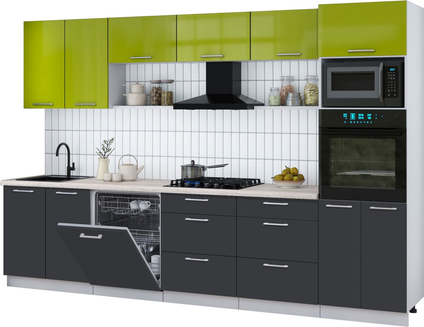 

Готовая кухня Интерлиния Мила Gloss 3.2-ПМ1 (пепел/яблоко глянец/травертин серый)