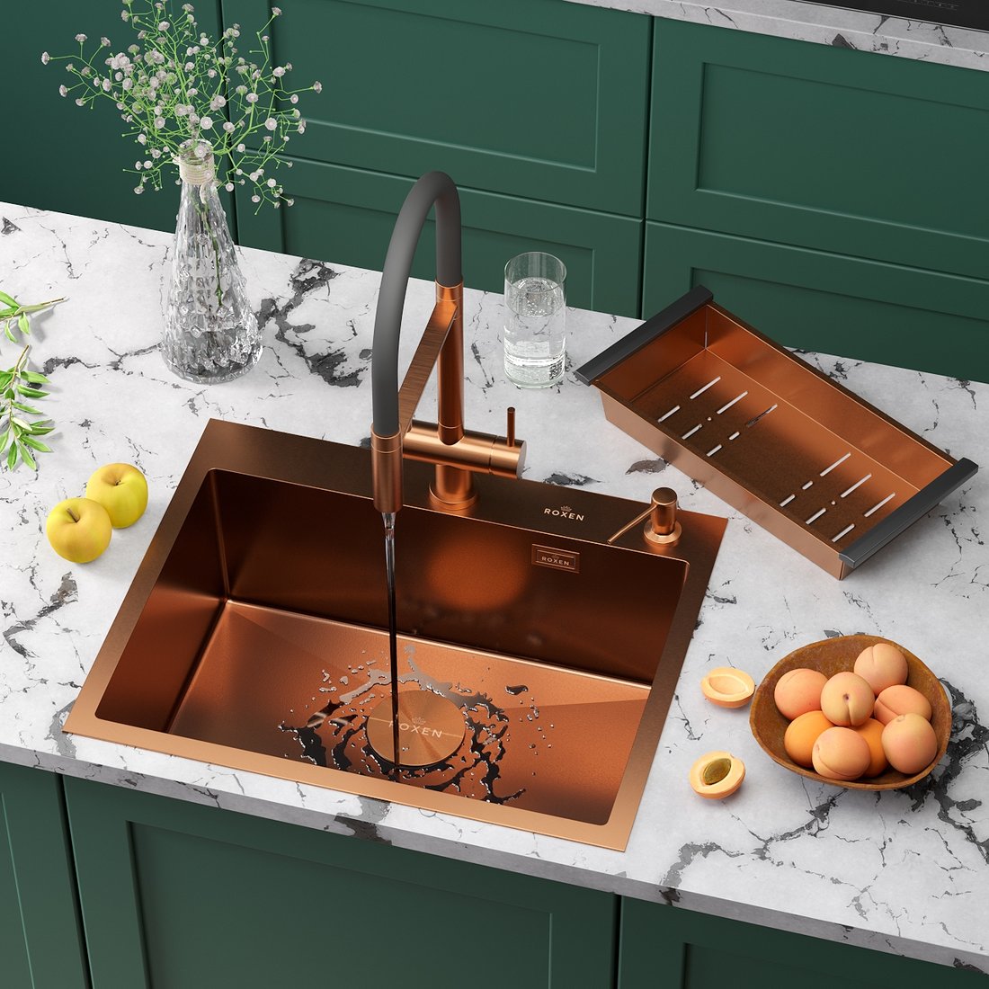 

Кухонная мойка Roxen Simple 560220-60BR-V бронза/текстурная PVD покрытие (с коландером и дозатором)