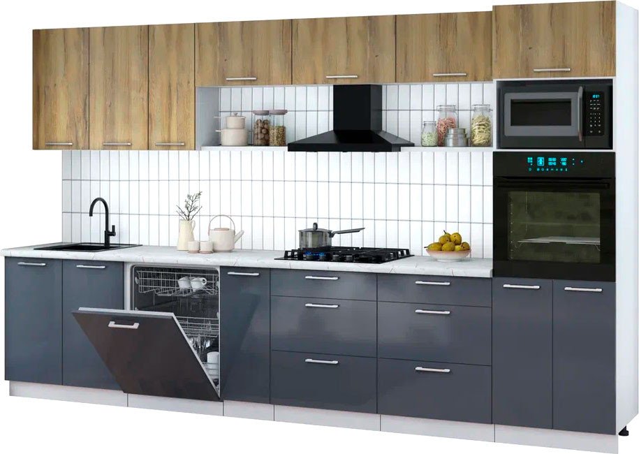 

Готовая кухня Интерлиния Мила Gloss 3.5-ПМ1-2 (асфальт глянец/дуб вотан/серый каспий)