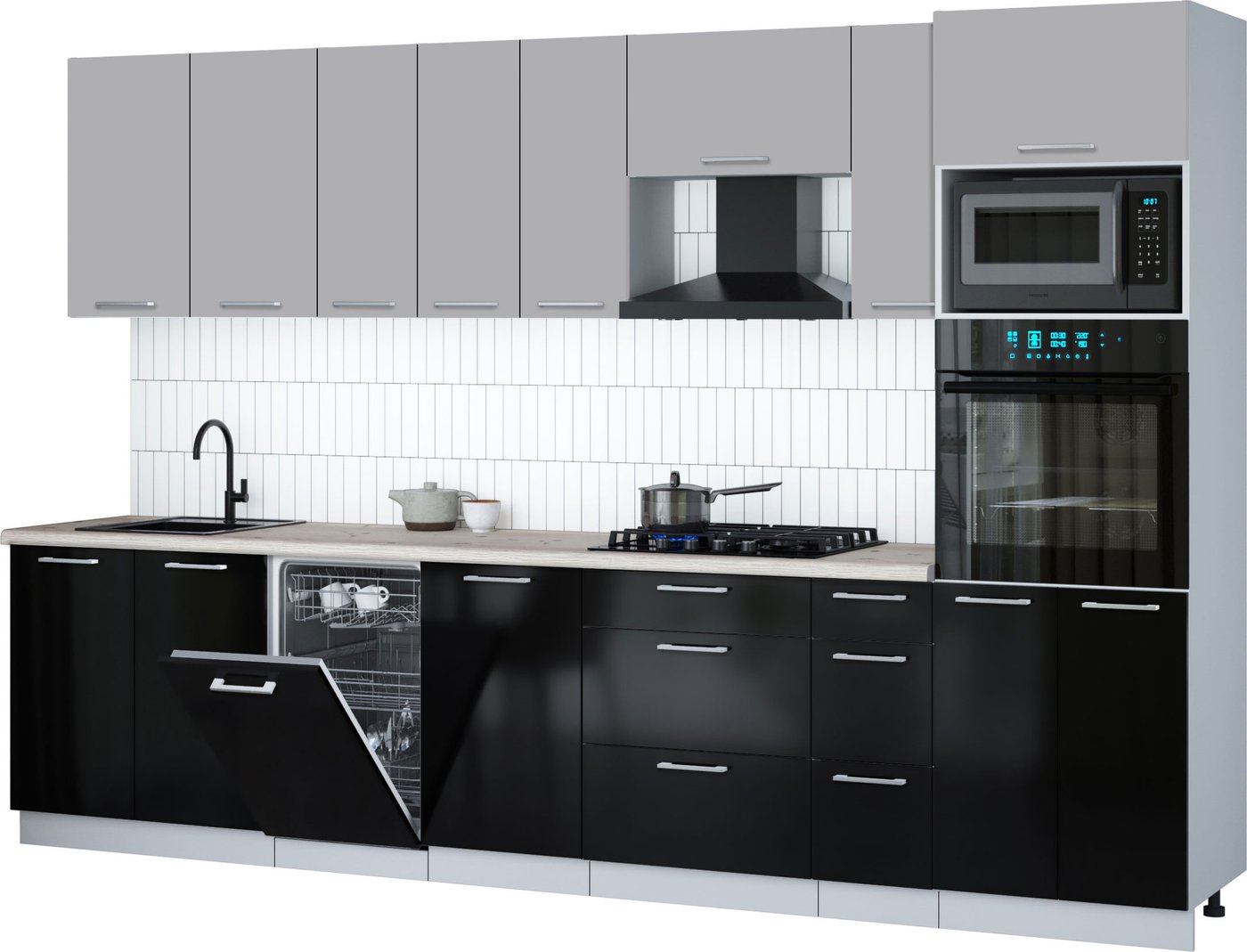 

Готовая кухня Интерлиния Мила Gloss 3.2-ПМ3 (черный глянец/грей/бискайская сосна)