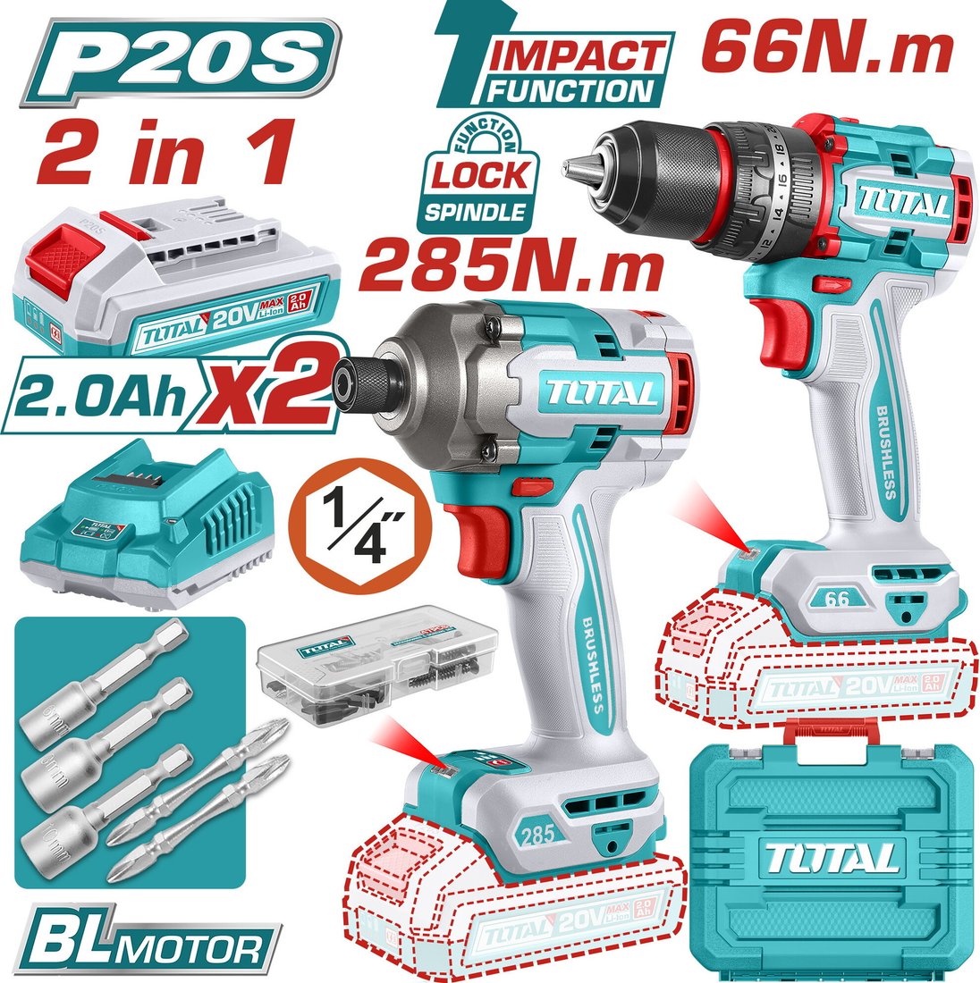 Total TCKLI20277 (шуруповерт, винтоверт, 2 АКБ, кейс)