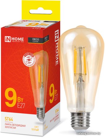 Светодиодная лампочка In Home LED-ST64-deco gold 9Вт 230В Е27 3000К 1040Лм золотистая 4690612035659