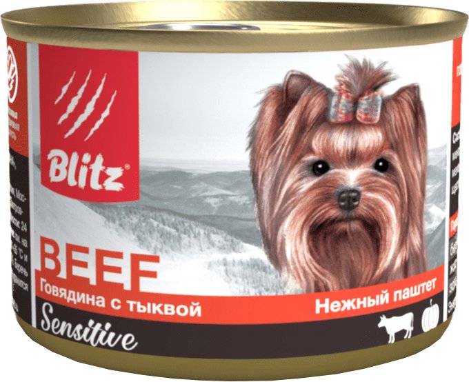 

Консервированный корм для собак Blitz Sensitive Говядина с тыквой 0.2 кг