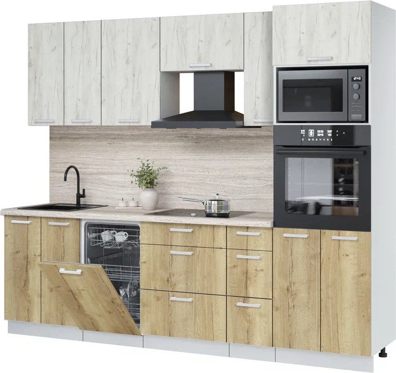 

Готовая кухня Интерлиния Мила Лайт 2.55-ПМ3 (дуб белый/дуб золотой/травертин серый)