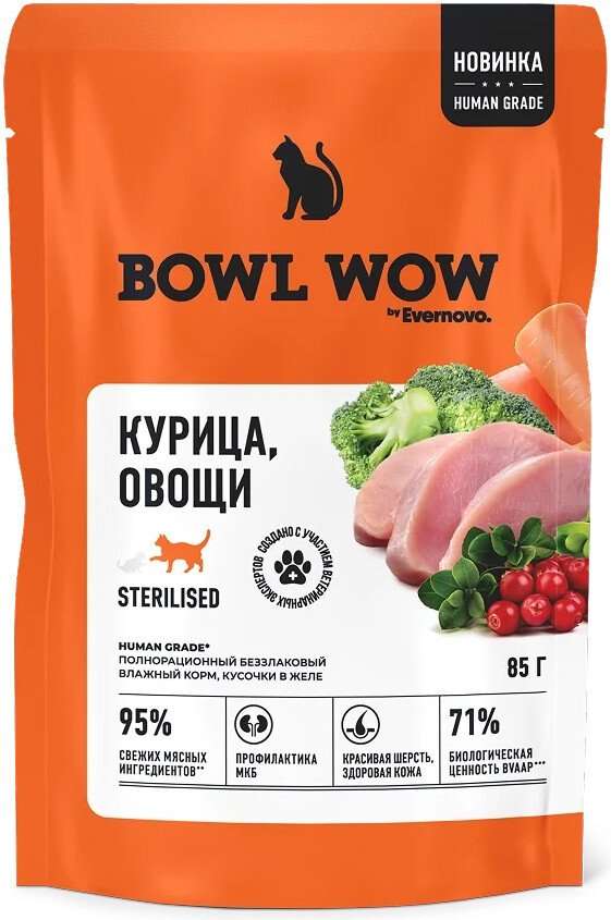 Пресервы Bowl Wow Пауч желе с курицей и овощами для стерилизованных кошек (12x85 г)
