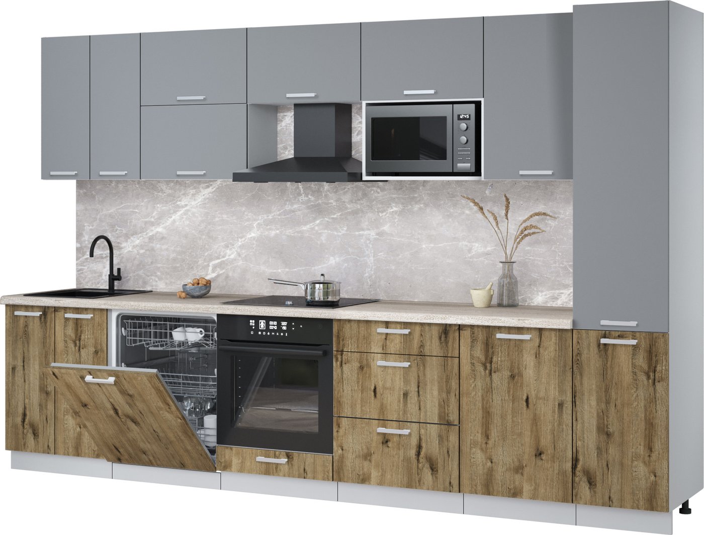 

Готовая кухня Интерлиния Мила Лайт 3.3-ПМ2 (серебро/дуб веллингтон/травертин серый)