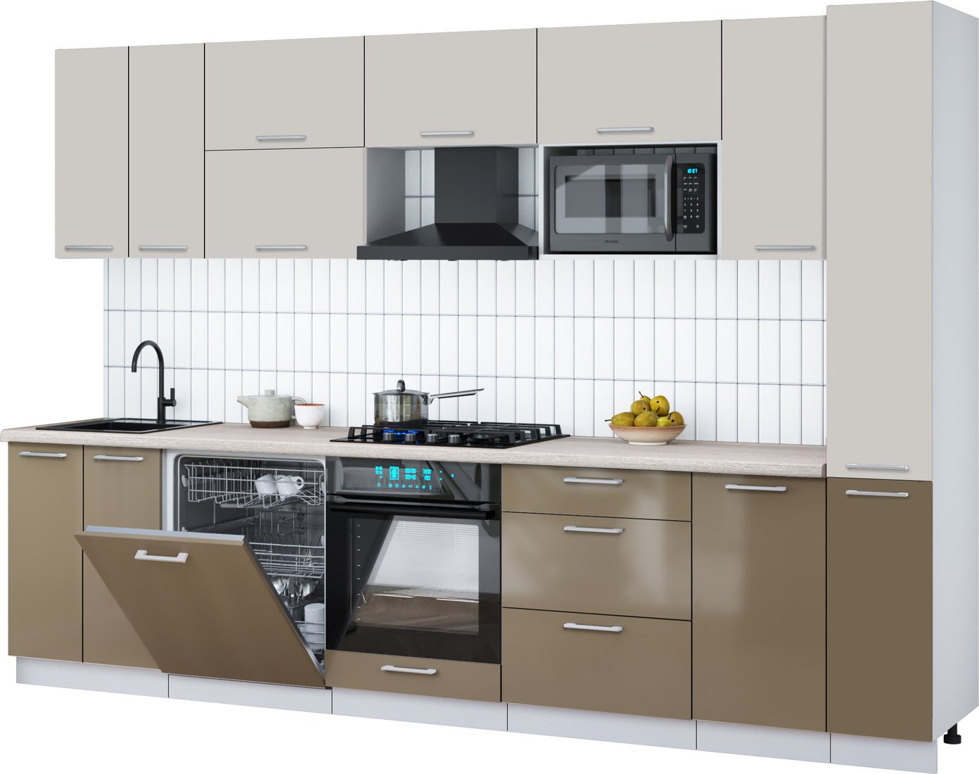 

Готовая кухня Интерлиния Мила Gloss 3.1-ПМ2 (капучино глянец/кашемир/травертин серый)