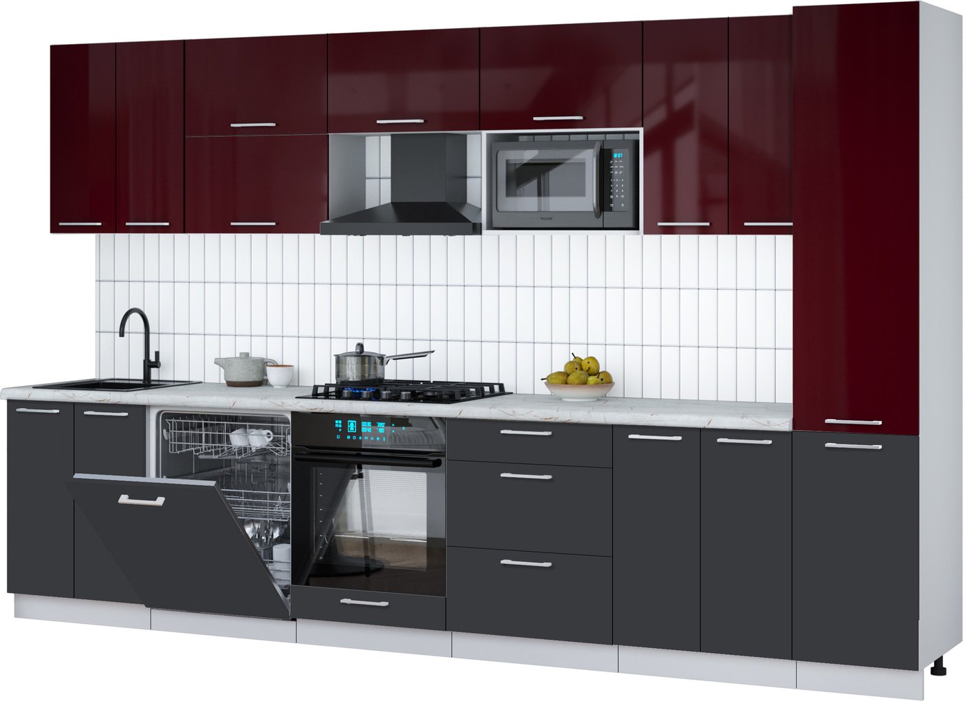 

Готовая кухня Интерлиния Мила Gloss 3.4-ПМ2 (пепел/бордовый глянец/серый каспий)