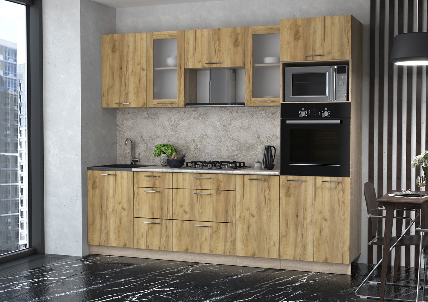 

Готовая кухня Интерлиния Мила 2.5 ВТ (дуб золотой/дуб золотой/малага)