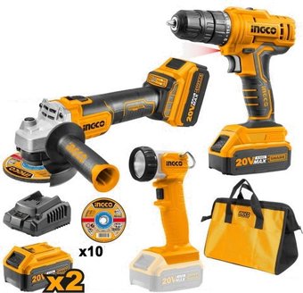 Ingco CKLI2048 (шуруповерт, болгарка, фонарь, сумка, 2 АКБ)