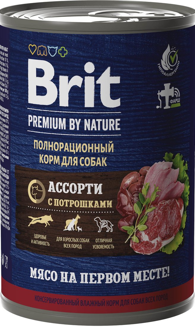 

Консервированный корм для собак Brit Premium by Nature мясное ассорти и потрошка 410 г