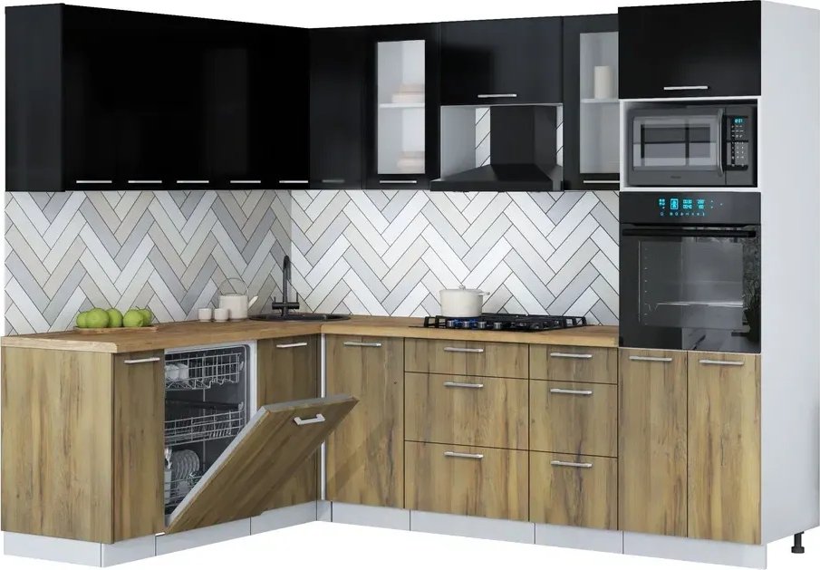 

Готовая кухня Интерлиния Мила Gloss 1.896х2.58 (дуб вотан/черный глянец/дуб бунратти)