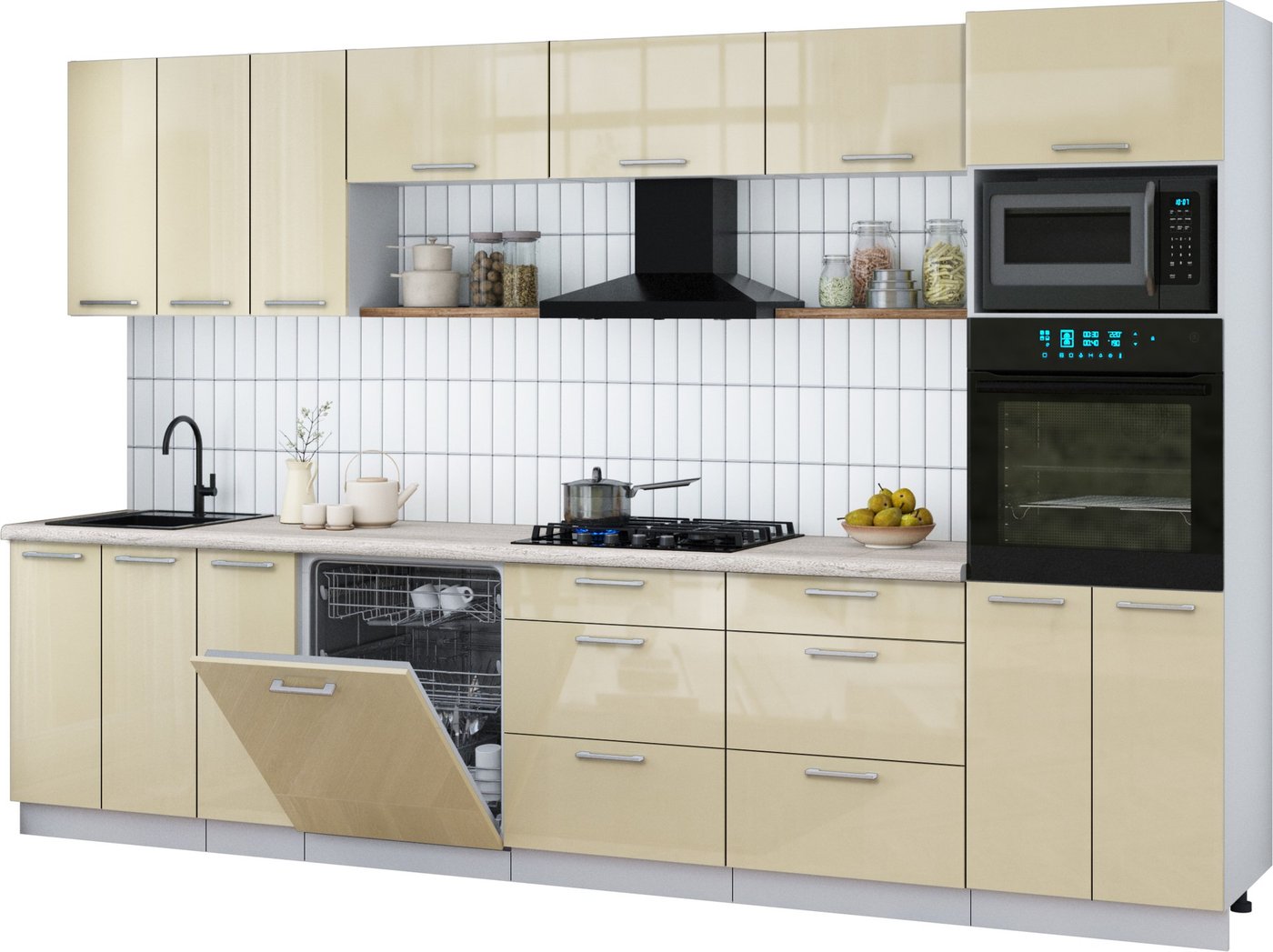 

Готовая кухня Интерлиния Мила Gloss 3.3-ПМ1-2 (ваниль глянец/ваниль глянец/травертин серый)