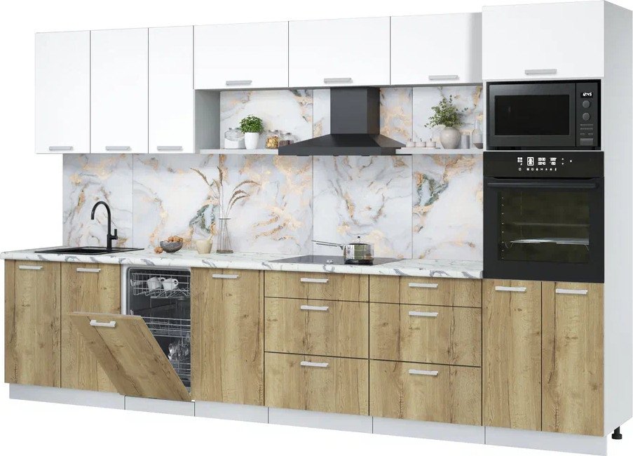 

Готовая кухня Интерлиния Мила Лайт 3.5-ПМ3 (белый платинум/дуб золото/белый гранит)