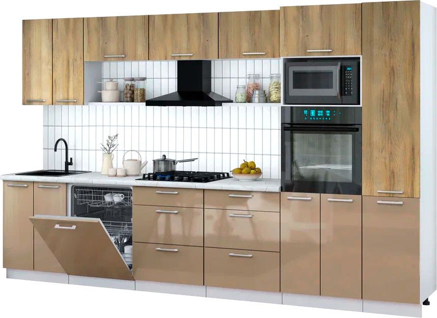 

Готовая кухня Интерлиния Мила Gloss 3.4-ПМ1 (капучино глянец/дуб вотан/серый каспий)