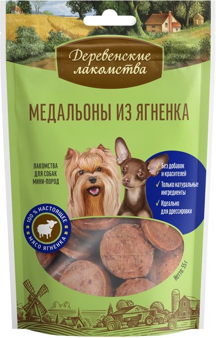 

Лакомство для собак Деревенские лакомства Медальоны из ягненка для мини-пород 55 г