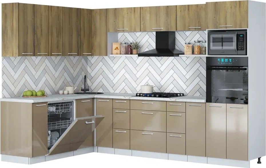 

Готовая кухня Интерлиния Мила Gloss 1.896х2.98-2 (капучино глянец/дуб вотан/серый каспий)