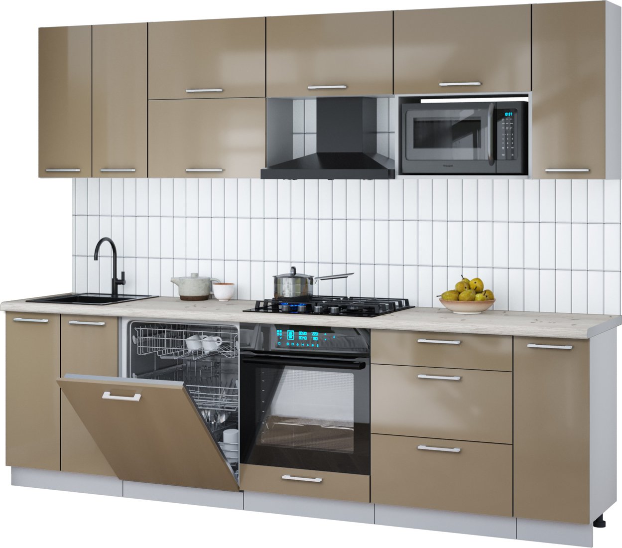 

Готовая кухня Интерлиния Мила Gloss 2.7-ПМ2 (капучино глянец/капучино глянец/бискайская сосна)