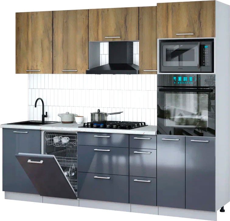 

Готовая кухня Интерлиния Мила Gloss 2.45-ПМ3 (асфальт глянец/дуб вотан/серый каспий)