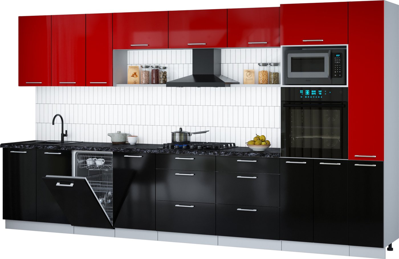 

Готовая кухня Интерлиния Мила Gloss 3.8-ПМ3 (черный глянец/красный глянец/кастилло темный)