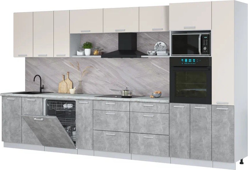 

Готовая кухня Интерлиния Мила Лайт 3.8-ПМ1 (персидский жемчуг/бетон/серый каспий)