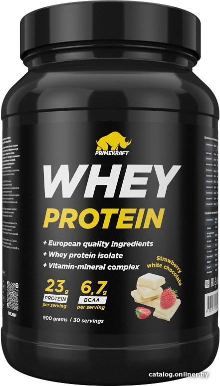 Протеин сывороточный (концентрат) Prime Kraft Whey Strawberry White Chocolate (900г, клубника/белый шоколад)