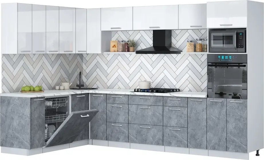 

Готовая кухня Интерлиния Мила Gloss 1.896х3.18 (керамика/белый глянец/белый гранит)