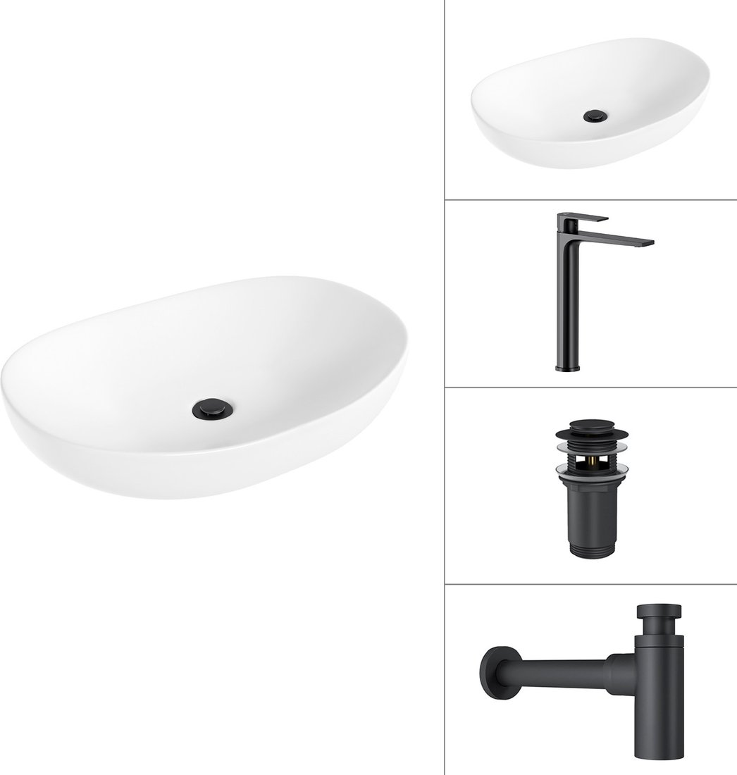 Умывальник Lauter 21502 + Reef 21CK8678BS + сифон 21635B + дон.клапан 21190B (черный матовый)