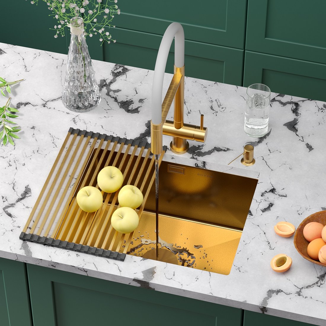 

Кухонная мойка Roxen Uno 560210-54G-V золото/текстурная PVD покрытие (с ролл-матом и дозатором)