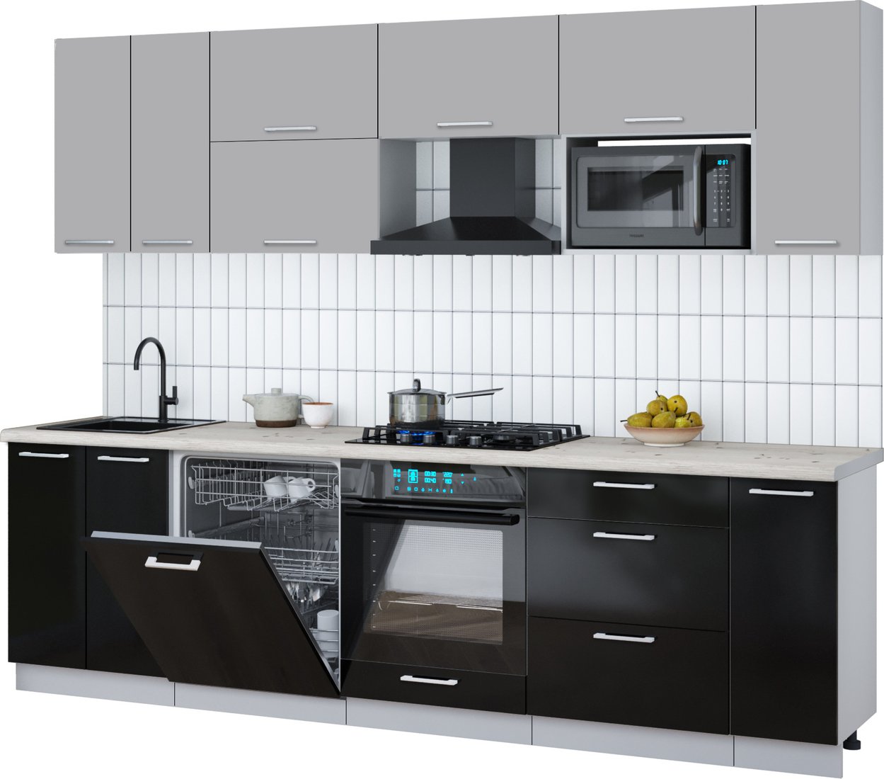 

Готовая кухня Интерлиния Мила Gloss 2.7-ПМ2 (черный глянец/грей/бискайская сосна)