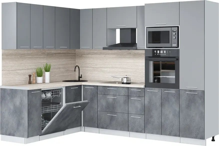 

Готовая кухня Интерлиния Мила Лайт 1.896х2.78 (серебро/бетон портленд/травертин серый)