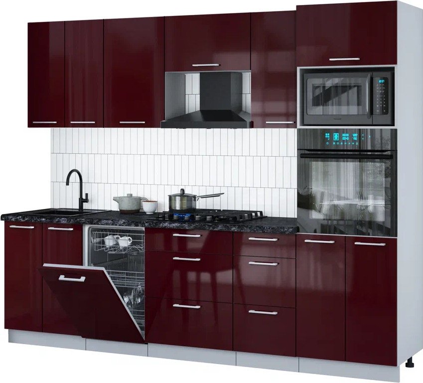 

Готовая кухня Интерлиния Мила Gloss 2.65-ПМ3 (бордовый глянец/бордовый глянец/кастилло темный)