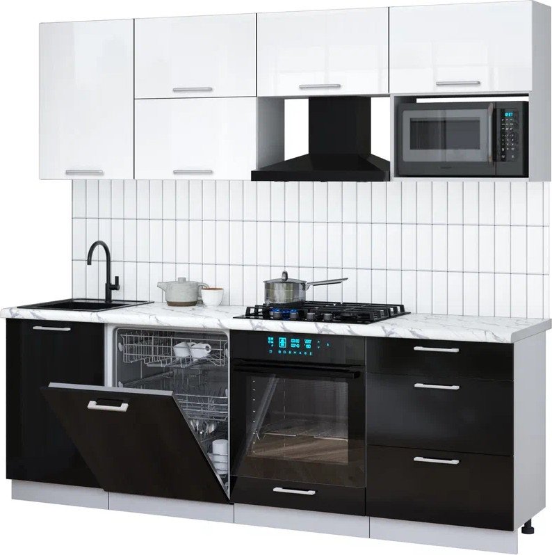 

Готовая кухня Интерлиния Мила Gloss 2.3-ПМ2 (черный глянец/белый глянец/белый гранит)