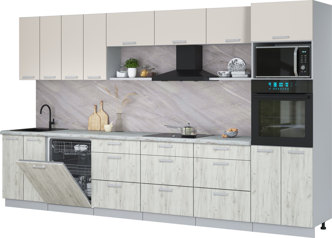 

Готовая кухня Интерлиния Мила Лайт 3.6-ПМ1-2 (персидский жемчуг/дуб белый/серый каспий)