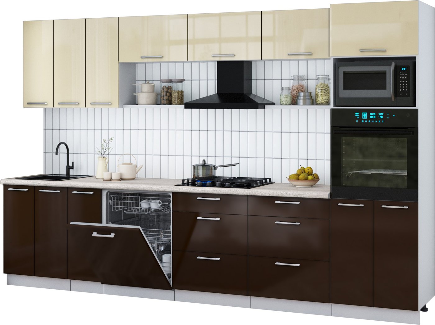 

Готовая кухня Интерлиния Мила Gloss 3.3-ПМ1-2 (шоколад глянец/ваниль глянец/травертин серый)