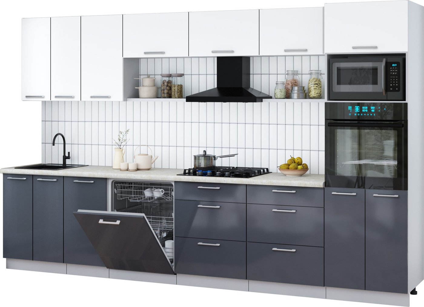 

Готовая кухня Интерлиния Мила Gloss 3.4-ПМ1-2 (асфальт глянец/белый/опал светлый)