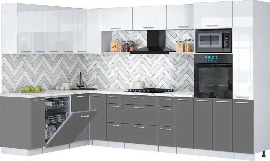 

Готовая кухня Интерлиния Мила Gloss 1.896х3.28 (серый/белый глянец/белый гранит)