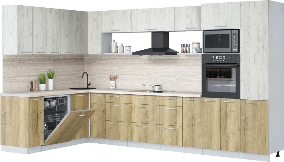 

Готовая кухня Интерлиния Мила Лайт 1.896х3.58 ( дуб белый/дуб золотой/травертин серый)