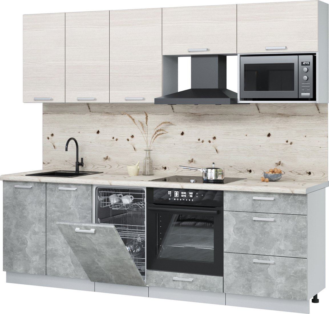 

Готовая кухня Интерлиния Мила Лайт 2.45-ПМ4 (вудлайн кремовый/бетон/бискайская сосна)