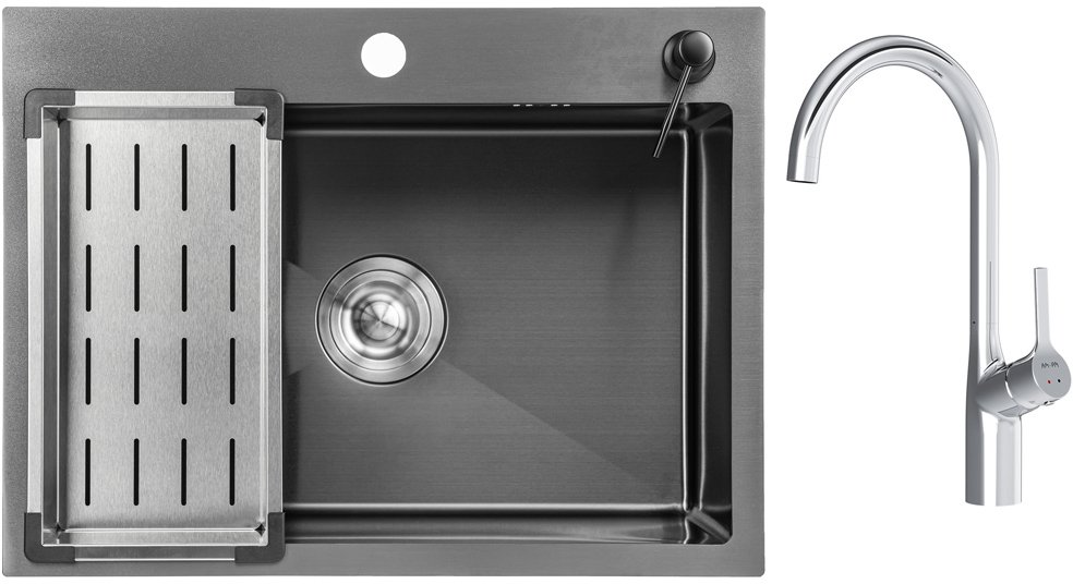 

Кухонная мойка Saniteco 6045 Nano + Spike F9S07000 (хром, с сифоном, дозатором и коландером)